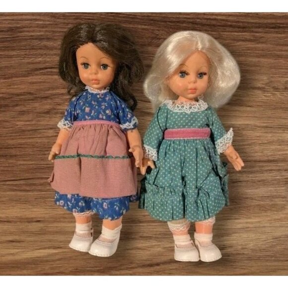 2 Vtg Dolls Rooted Eyelashes Hong Kong Blonde Brunette Cottagecore TLC 9" Set Of - Picture 1 of 14